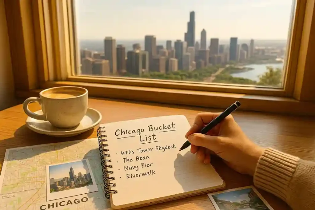 A person writing a Chicago Bucket List in a notebook with the skyline visible through a window.