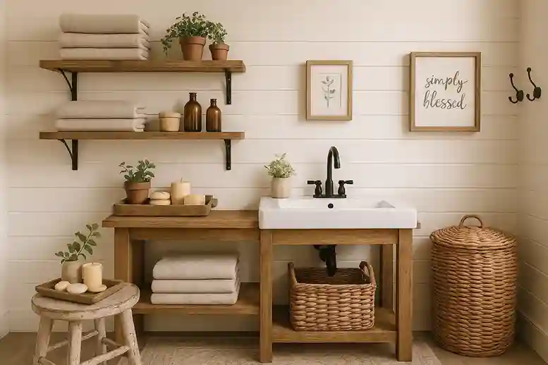 Farmhouse bathroom with rustic accessories, plants, woven baskets, vintage jars, and warm personal touches.