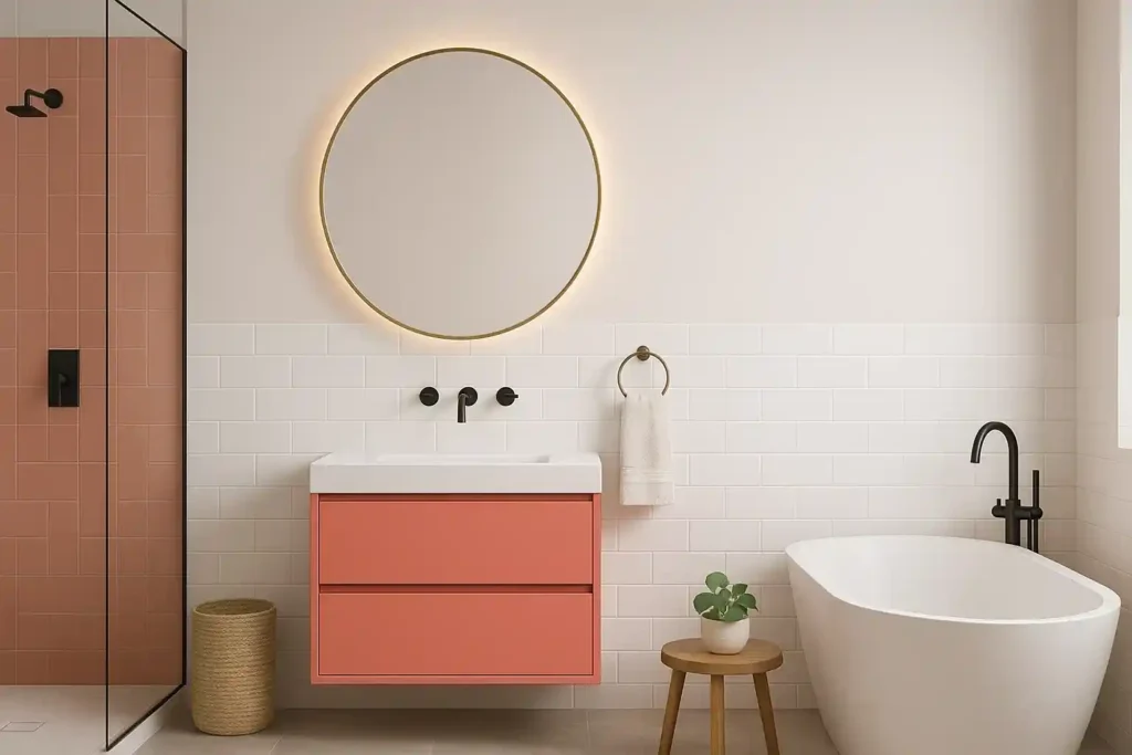 A pink bathroom showing soft blush and bold fuchsia accents, paired with neutral tones and metallic finishes for a balanced, modern look.