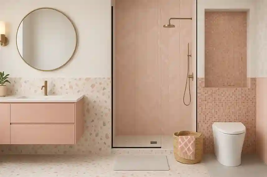 A modern pink bathroom with terrazzo and chevron tiles, blush mosaics, and textured accents that create a lively, expressive design.
