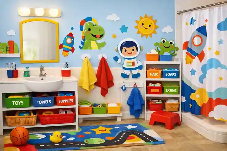 Colorful themed kids bathroom with bright decor, child-height sink, playful storage, rounded fixtures, and safe non-slip mats.