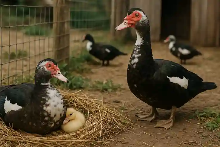 Muscovy ducks on a farm, highlighting challenges like protective hens, limited shelter, and wandering behavior.
