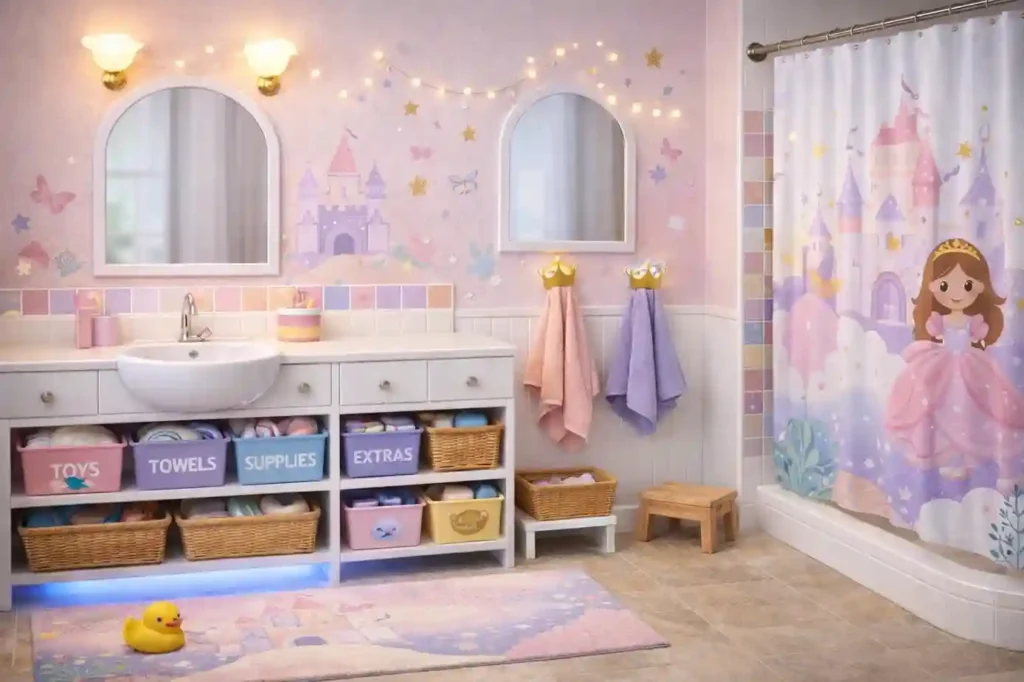 Princess themed kids bathroom with soft pastels, castle accents, crown hooks, warm lighting, fairy lights, organized storage, and safe rounded fixtures.