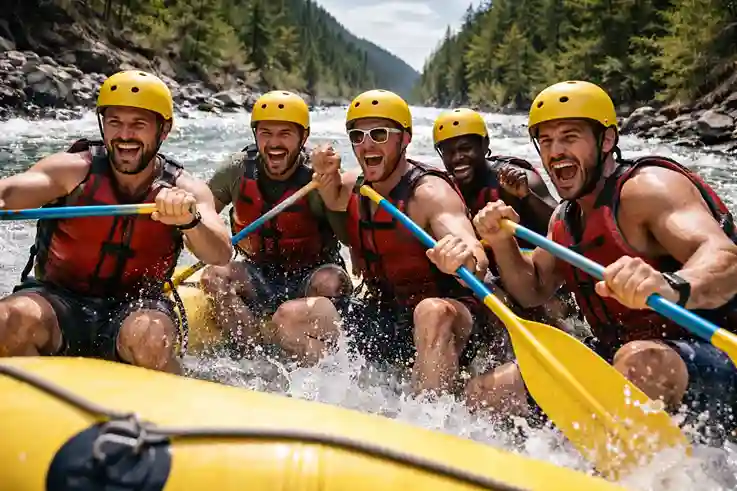 Group of friends white-water rafting at one of the best bachelor party destinations