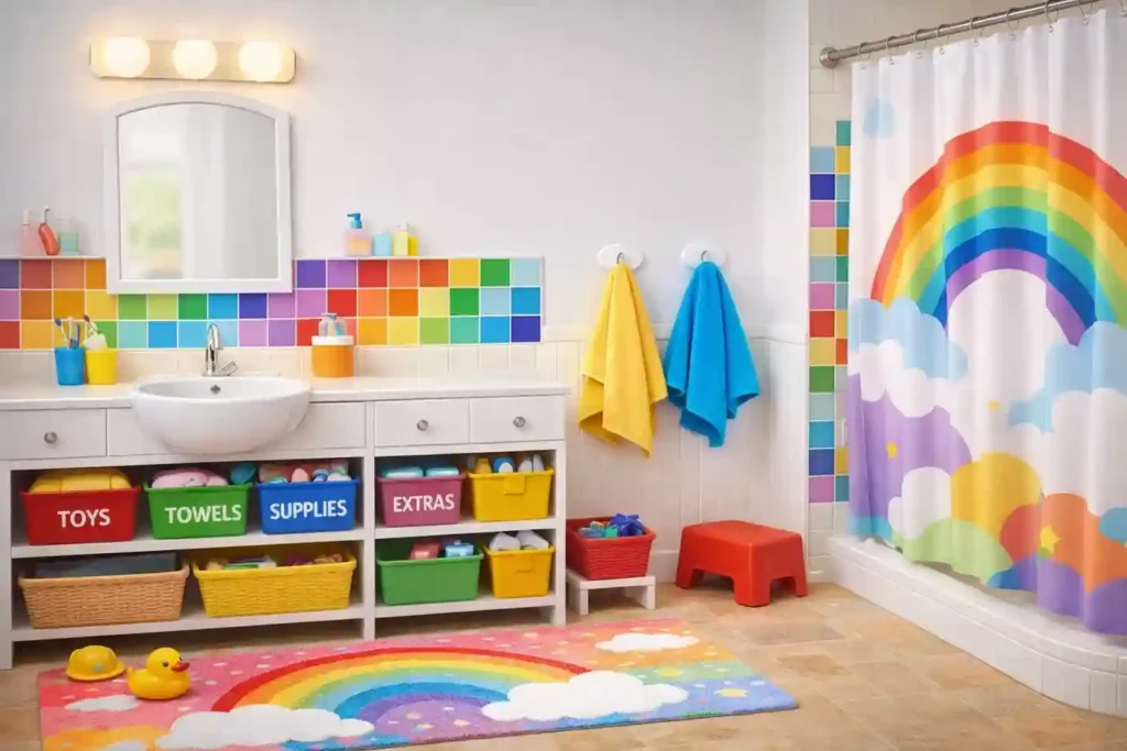 Bright rainbow-themed kids bathroom with colorful tiles, white walls, child-friendly storage, non-slip mats, and warm, playful lighting.