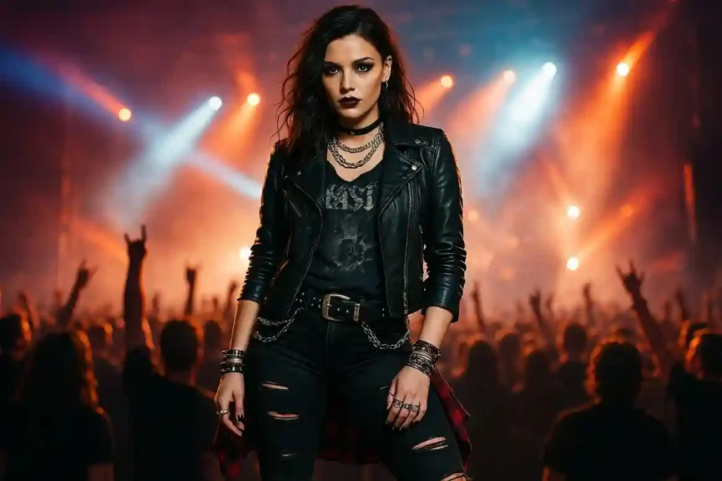 Person in a leather jacket, ripped denim, and combat boots at a rock concert with bold accessories, smoky makeup, and flashing stage lights.
