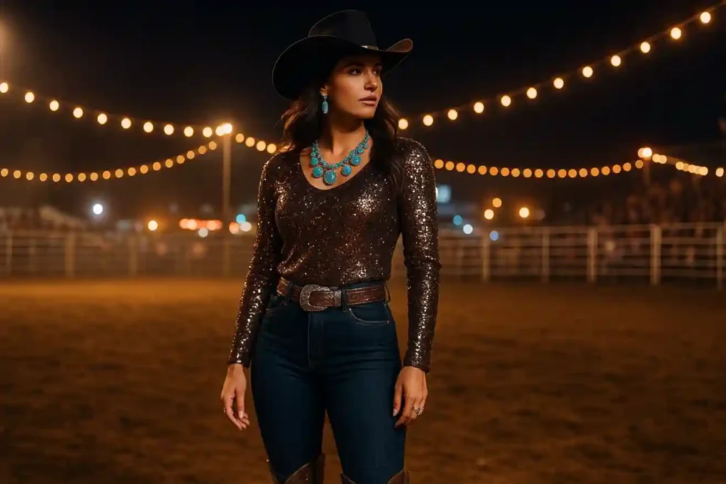 Rodeo-ready cowgirl outfit with sequined top, dark denim, bold hat, turquoise jewelry, and heeled cowboy boots in glamorous Western style.