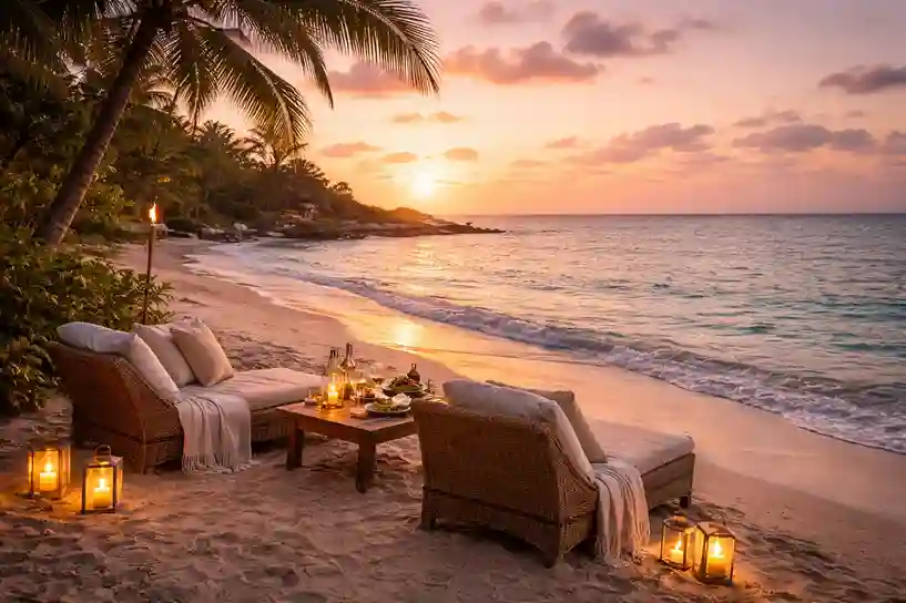 Peaceful coastal honeymoon setting with calm waters, sunset glow, and a romantic, affordable atmosphere.