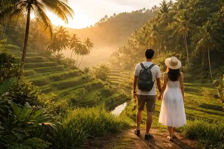 Romantic Bali rice terraces with lush greenery, warm sunlight, and a peaceful tropical honeymoon atmosphere.