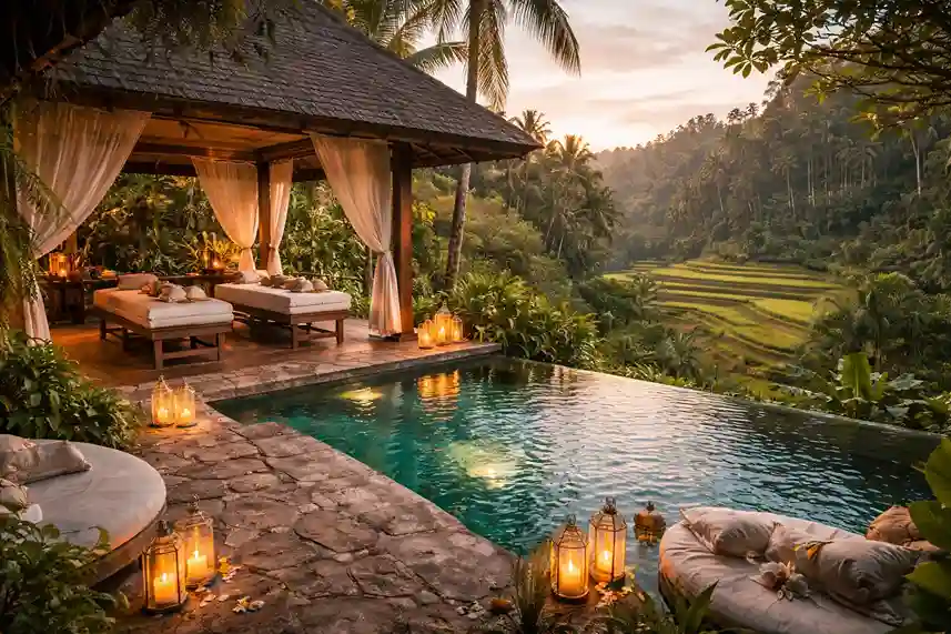 Peaceful Bali honeymoon spa retreat with rice terraces, jungle views, infinity pool, and warm romantic lighting.