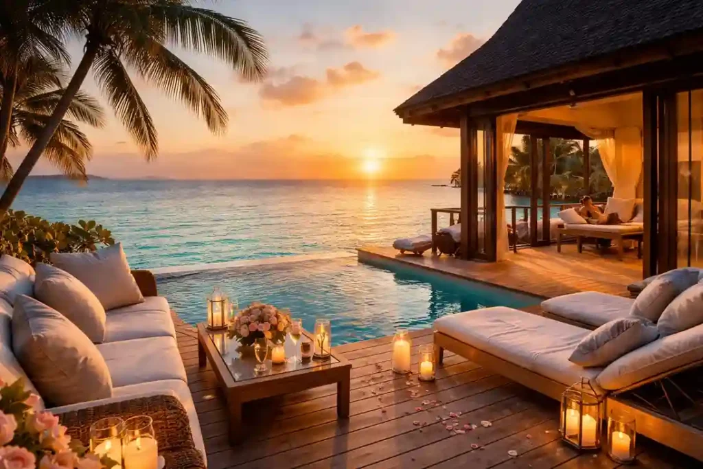 Romantic overwater honeymoon villa at sunset with soft lights, calm ocean, palm trees, and a peaceful private deck.