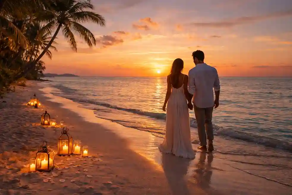 Couple walking hand in hand on a tropical beach at sunset, soft waves, warm lights, and a peaceful romantic honeymoon atmosphere.