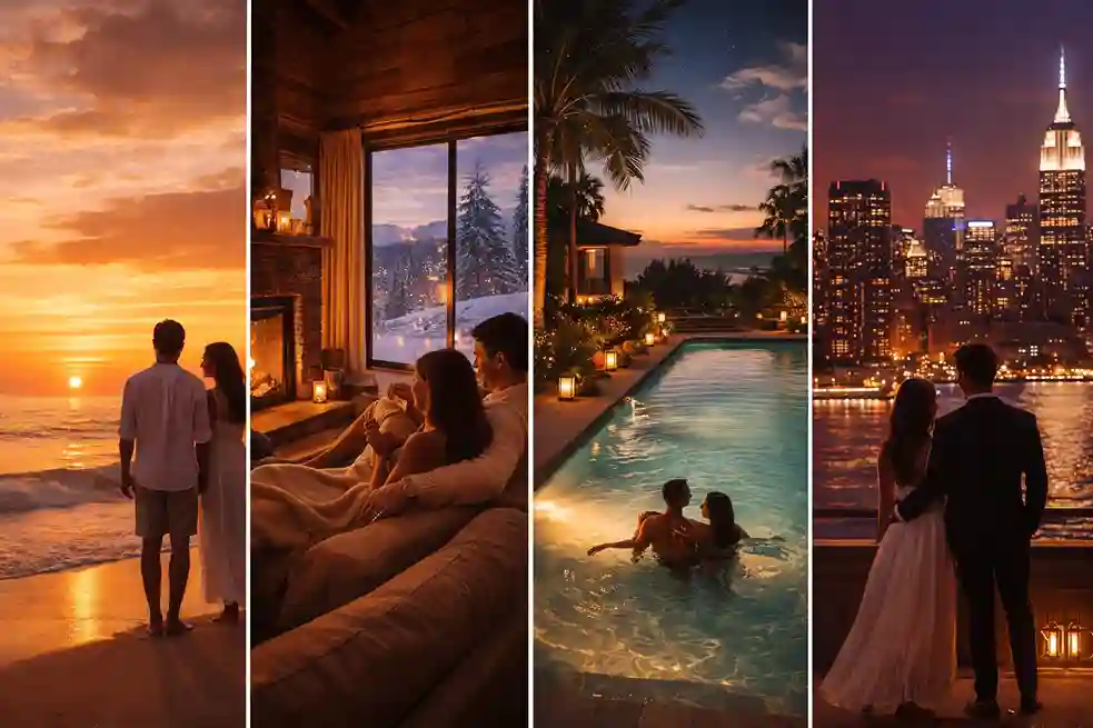 Romantic honeymoon destinations USA collage showing a beach sunset, snowy mountain cabin, luxury resort pool, and glowing New York skyline.