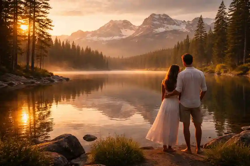 A couple standing beside a calm lake with tall mountains behind them, warm sunset light reflecting on the peaceful water, creating a romantic mood.