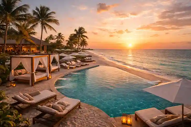 Beachfront Mexico honeymoon resort with turquoise water, palm trees, pool, and a romantic sunset setting.