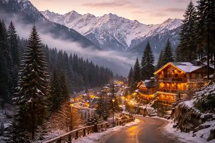 Manali’s snowy peaks, pine forests, and quiet roads create a peaceful and romantic mountain atmosphere.