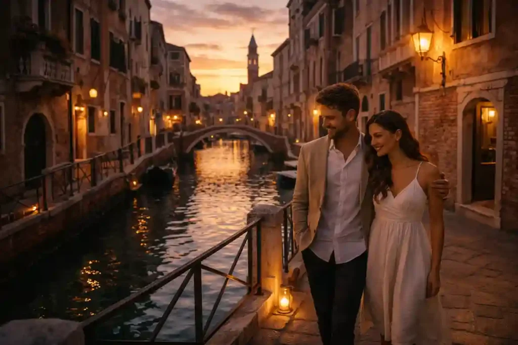 Couple walking across a stone bridge in Venice at sunset, enjoying peaceful canals and charm of best honeymoon destinations.