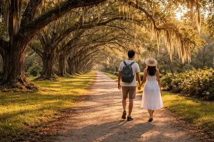 A peaceful walkway under tall oak trees with Spanish moss and soft golden light creating a charming and intimate setting.