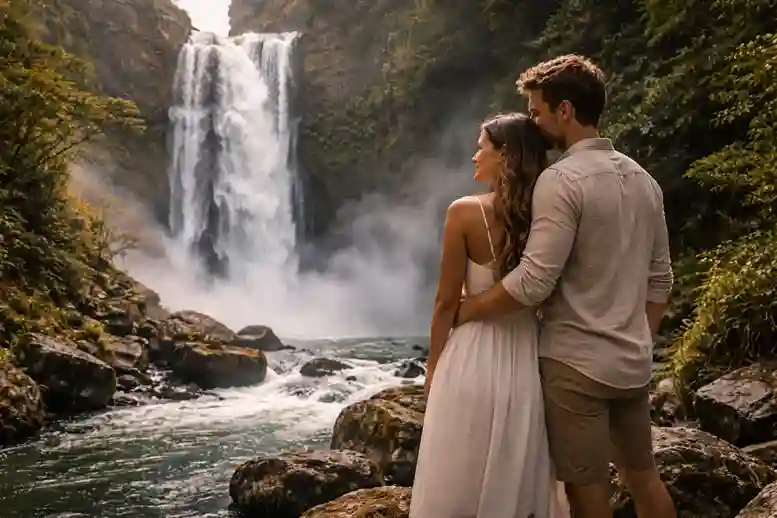 Couple standing near a powerful waterfall in a deep valley, enjoying breathtaking scenery of best honeymoon destinations.