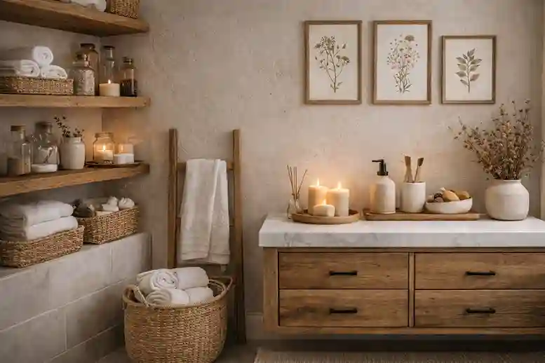 Rustic bathroom décor with woven rug, wicker baskets, handmade pottery, and candle accents.