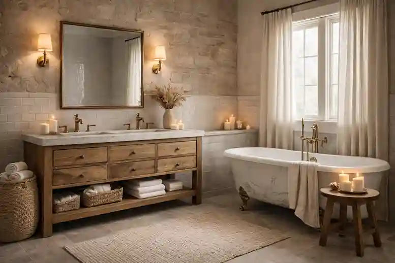 Rustic chic bathroom with wood vanity, marble countertop, brass fixtures, and soft textiles.