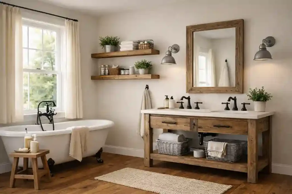 Farmhouse bathroom with reclaimed wood vanity, matte black fixtures, and galvanized metal accents for a rustic modern look.