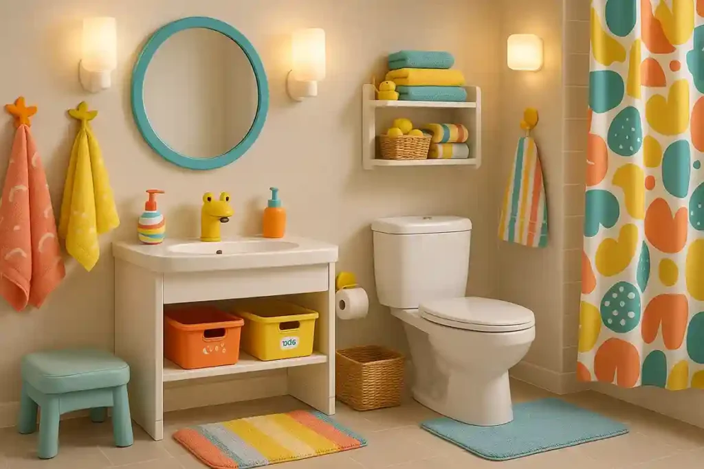 Kids’ bathroom with rounded fixtures, non-slip mats, padded stools, and stylish colorful décor designed for safety and comfort.