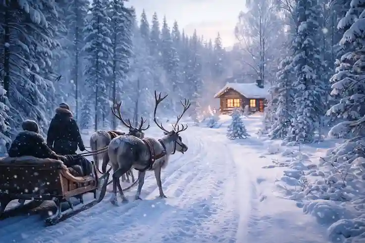 A photorealistic reindeer safari in Santa’s hometown with snowy forests, warm cabin lights, and a sleigh ride—an iconic Christmas bucket list experience.