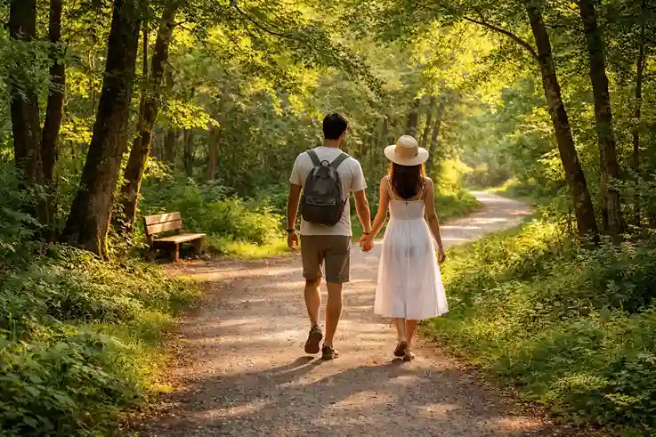 A peaceful scenic walking path surrounded by lush green trees and soft sunlight creating a calm and relaxing nature atmosphere.