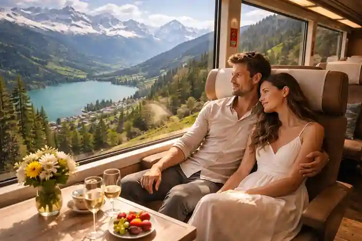 Couple enjoying a scenic Swiss train ride with mountain views, highlighting the charm of best honeymoon destinations.