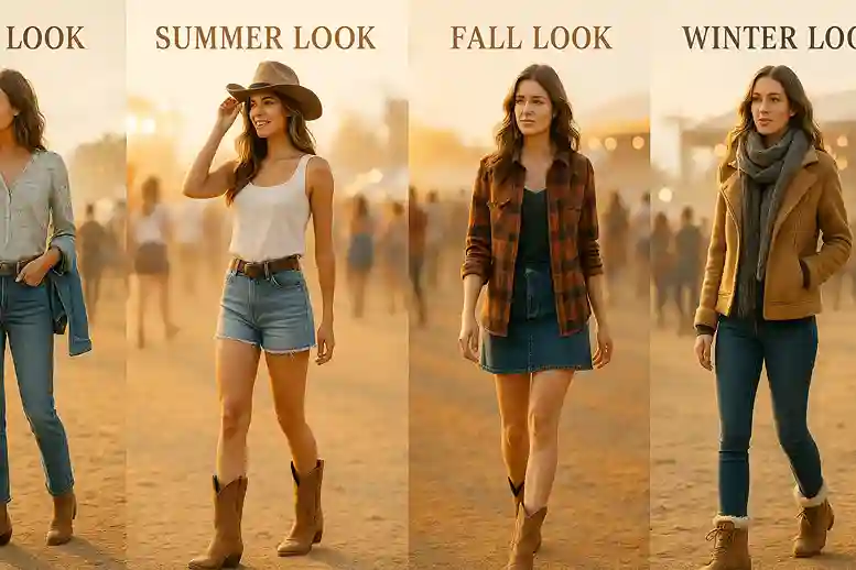 Collage showing spring, summer, fall, and winter country concert outfits with denim, layers, boots, and seasonal colors in an editorial layout.