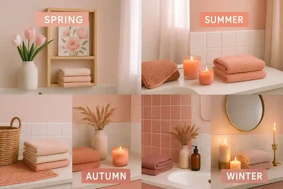 A four-season collage showing pink bathroom decor for spring, summer, autumn, and winter with seasonal colors, textures, and accents.