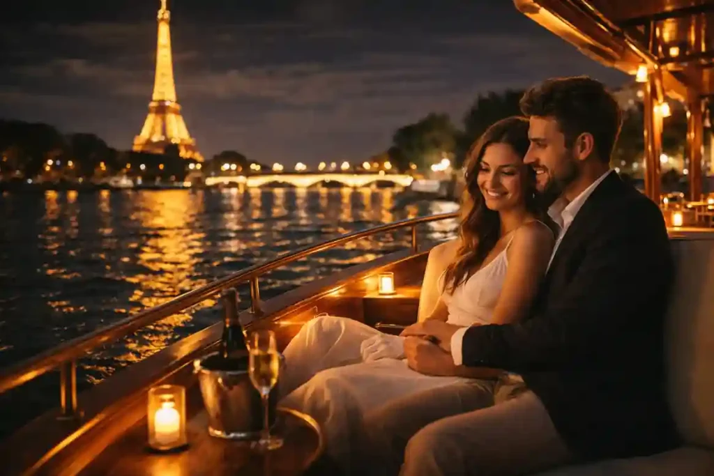 Couple enjoying a romantic Seine River cruise in Paris at night, highlighting the beauty of best honeymoon destinations.