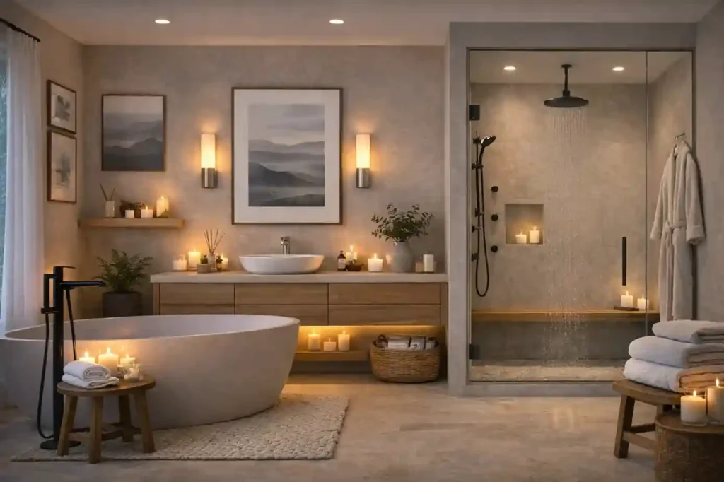 Sensory master bathroom ideas with candles, artwork, plush towels, soft lighting, and spa-inspired décor