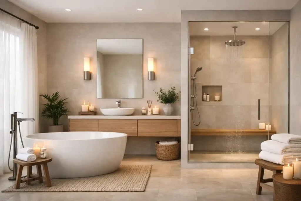 Serene master bathroom ideas with soaking tub, warm wood accents, soft lighting, and spa-like design for relaxation