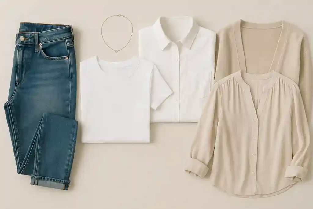A flat-lay of blue jeans, a white shirt, a flowy blouse, a tee, and light layers arranged neatly to show simple, stylish everyday outfit ideas.