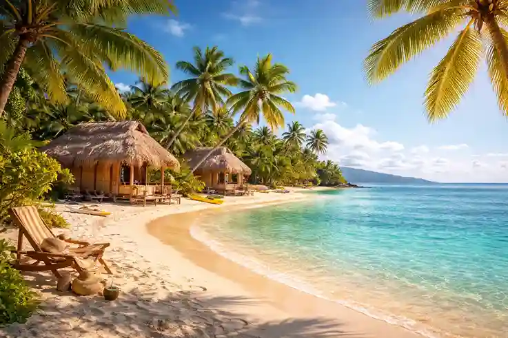 A calm tropical beach with turquoise water, palm trees, and simple huts showing relaxed island life.
