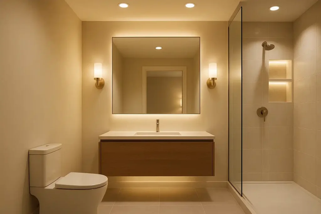 Small bathroom ideas with light neutral colors, layered lighting, large mirror, and soft glow creating an open, luxurious feel