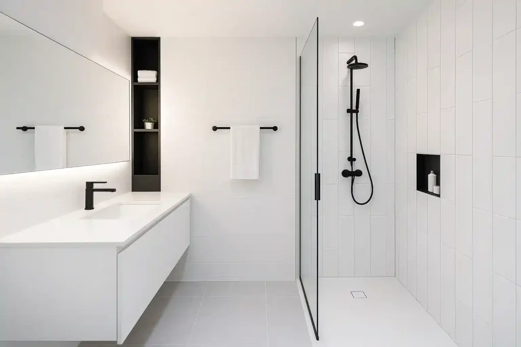 Small black and white bathroom with floating vanity, clear glass shower, large tiles, and mirrors that make the space look open and bright.