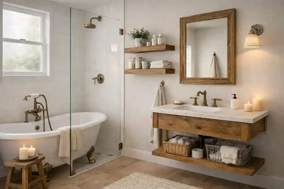 Small farmhouse bathroom with floating vanity, open wood shelves, compact tub, rustic mirror, and light neutral tones.