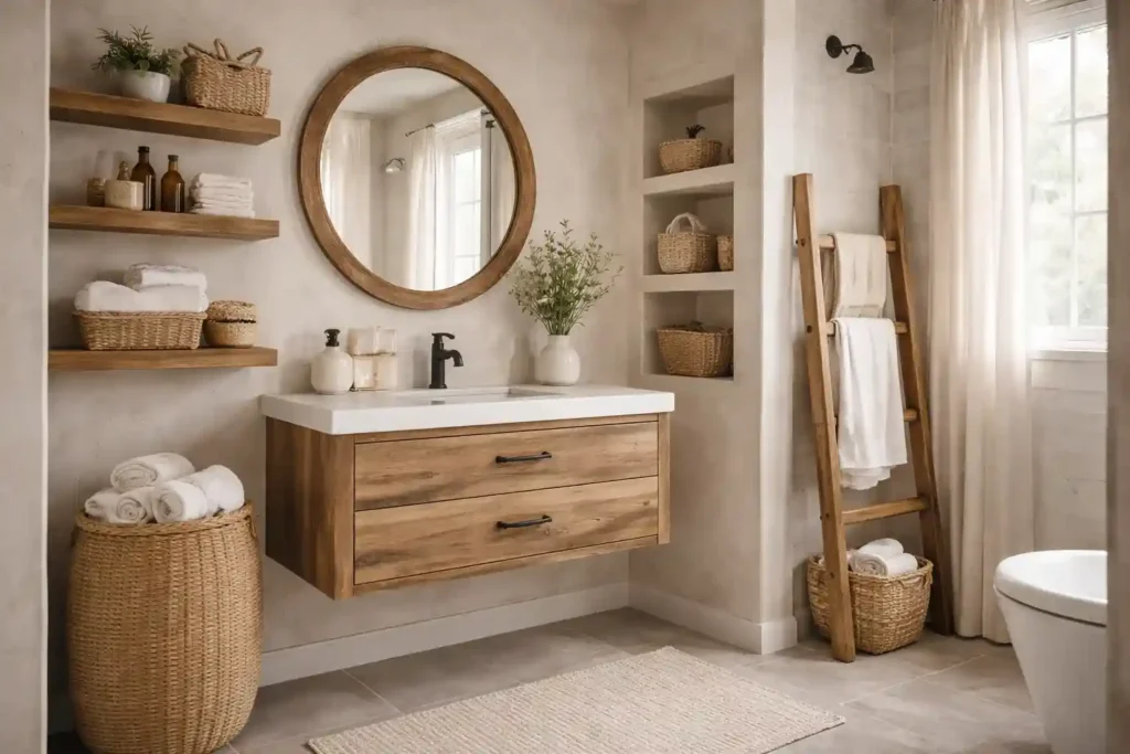 Small rustic bathroom ideas with floating shelves, large mirror, wood accents, and smart storage.