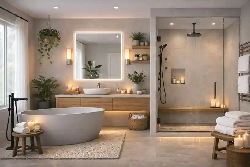 Smart luxury master bathroom ideas with heated floors, smart mirror, indoor plants, and soft lighting