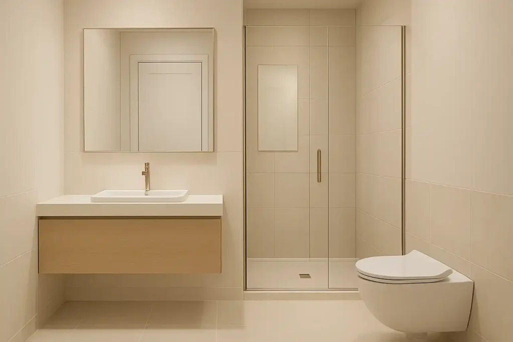 Small bathroom layout with floating vanity, wall-mounted toilet, glass shower, neutral colors, and space-saving modern design