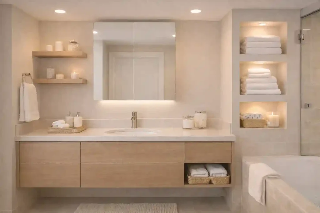 Guest bathroom with built-in shelves, floating shelves, baskets, wall niches, and organized storage in a modern design