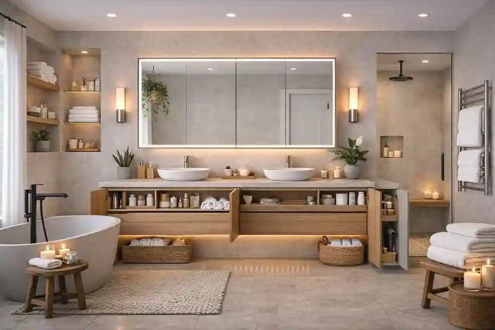 Smart storage master bathroom ideas with floating vanity, hidden cabinets, natural wood finishes, and soft lighting