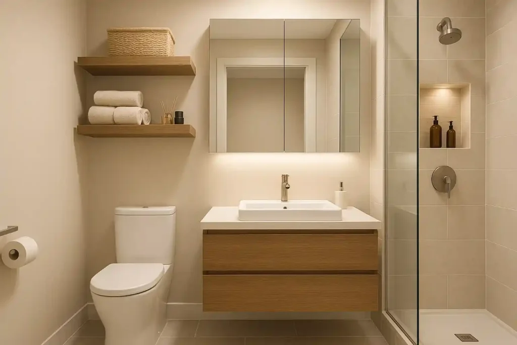 Small bathroom storage with floating shelves, recessed niches, mirrored cabinet, and hidden vanity drawers in a clean luxury design