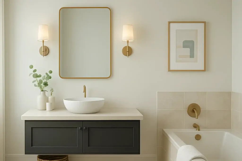 Soft-toned bathroom with warm whites, creams, subtle blues, and dark accents creating a calm, balanced, and modern spa-like space.