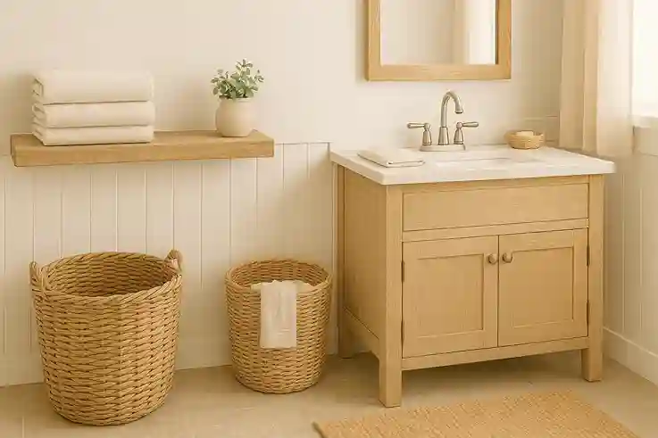 Farmhouse bathroom with soft neutral colors, light wood accents, linen towels, and calm, airy decor.