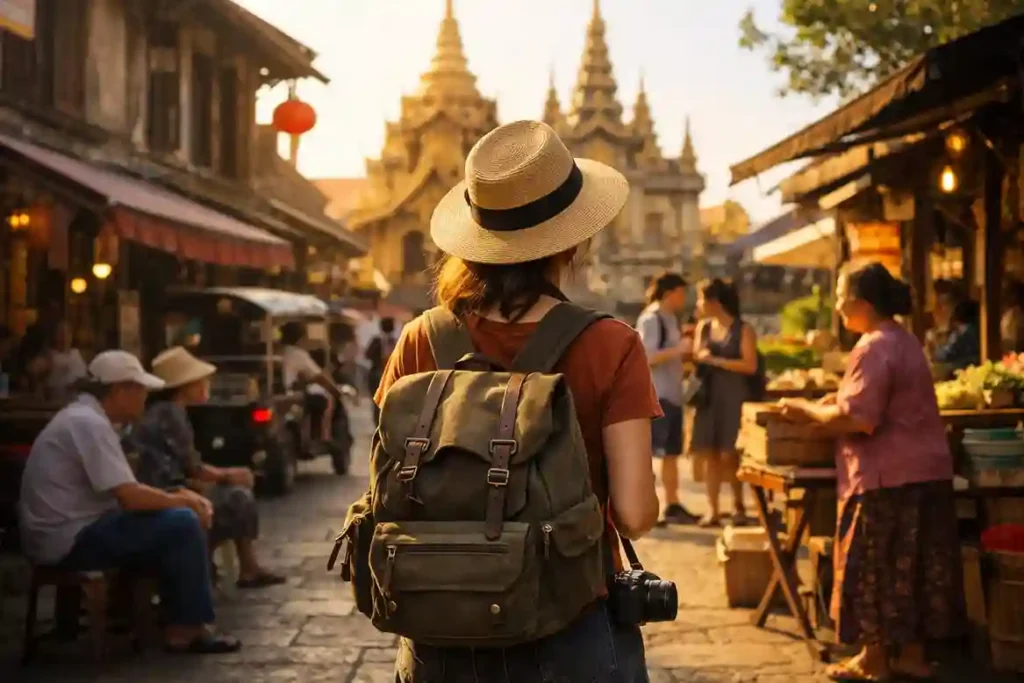 A confident solo traveler exploring a vibrant cultural city, capturing freedom, independence, and meaningful connection with local surroundings.