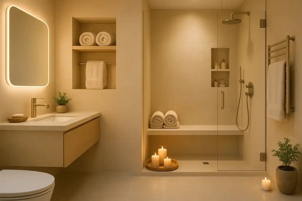 Spa-like small bathroom with rainfall shower, soft lighting, natural textures, neutral colors, and relaxing luxury details
